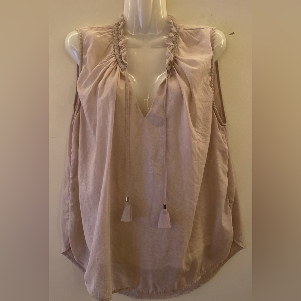 Blush Pink Sheer Frill Tie-Neck Sleeveless Blouse